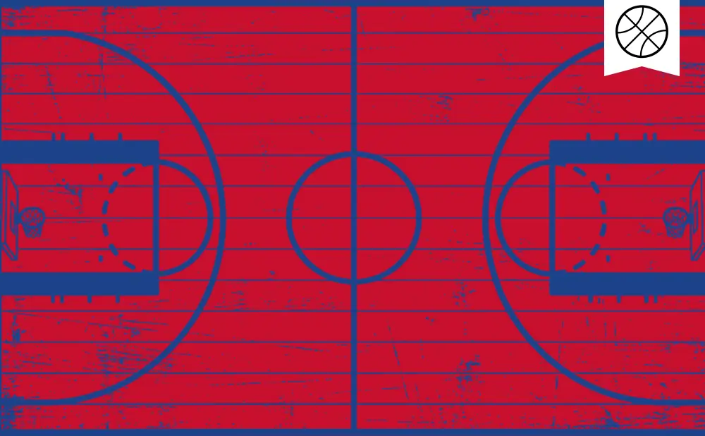 A stylized basketball court with red wooden planks and blue lines. A basketball icon is in the top right corner.