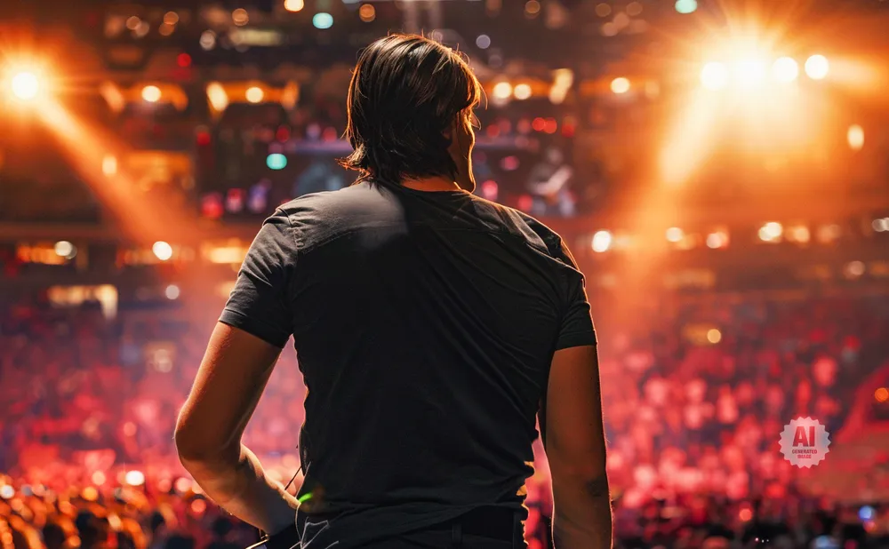 Man in a black t-shirt facing a crowd with bright stage lights.