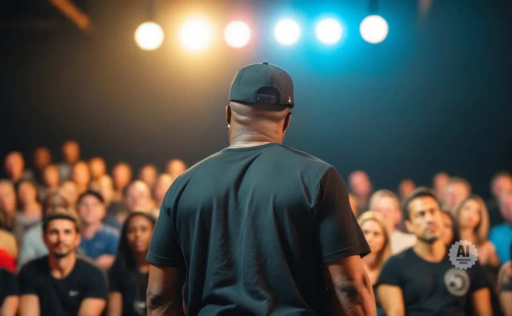 Man in a black t-shirt and baseball cap faces an audience under stage lights.