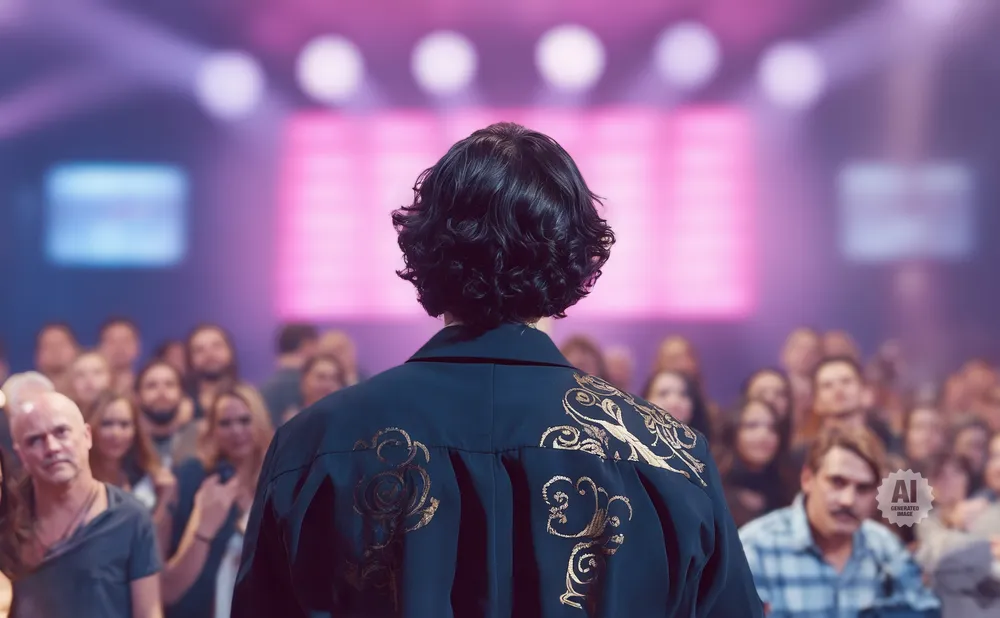 Person in a dark jacket with gold design facing a blurred crowd at a concert.