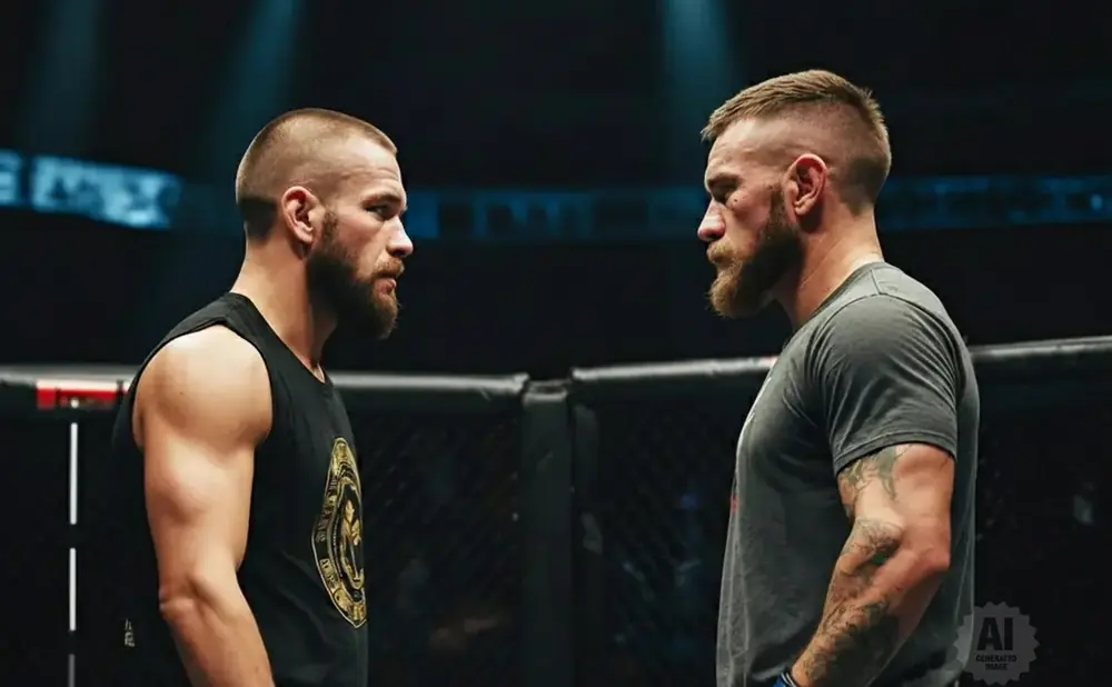 Two MMA fighters with short hair and beards face off in a ring.