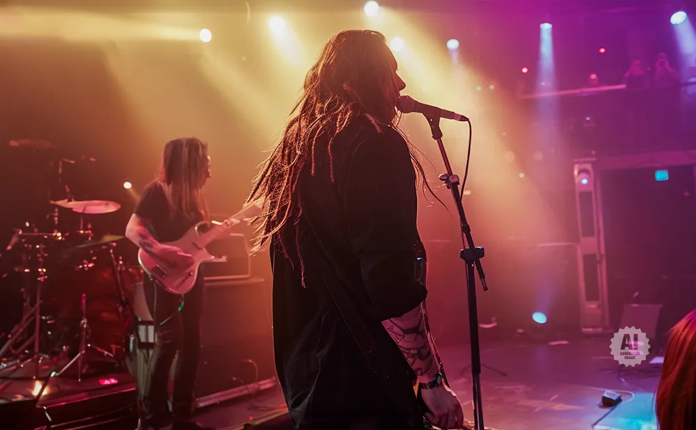 A rock band performs on a dimly lit stage with colorful spotlights.