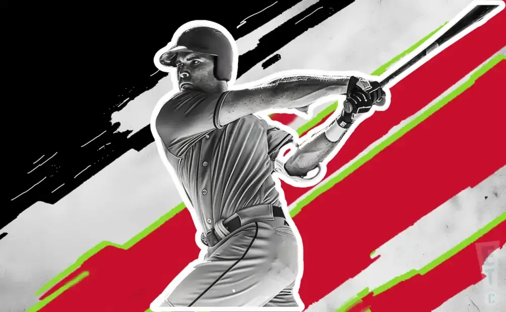 Baseball player in mid-swing against a backdrop of red, white, black, and green stripes.