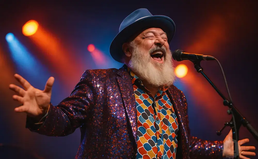 A singer with a white beard and blue hat, wearing a sparkly jacket, sings into a microphone with arms outstretched.