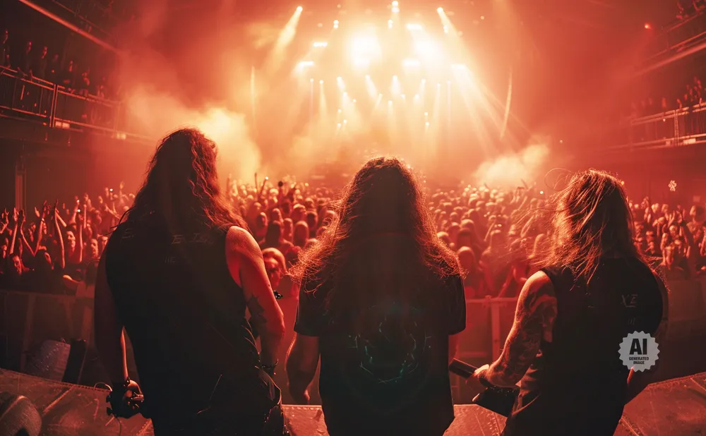 Three long-haired band members on stage facing a cheering crowd under red stage lights.