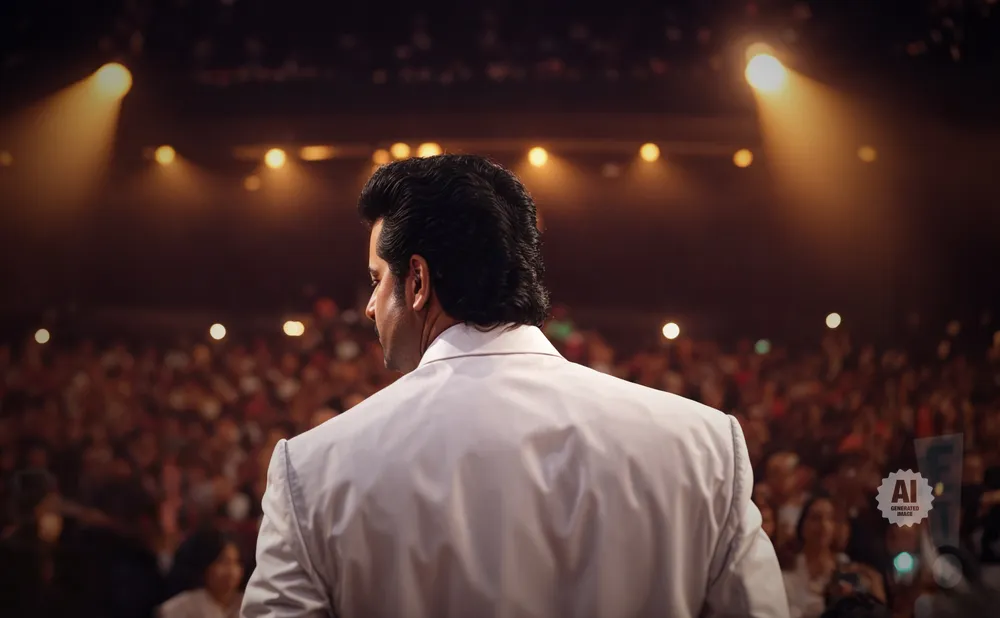 A man in a white suit stands facing a large audience in a dimly lit venue, illuminated by stage lights.