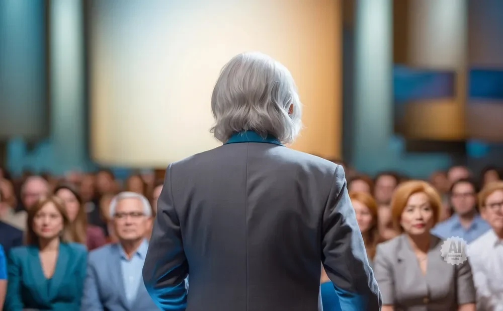 Rear view of a speaker with gray hair addressing an audience.