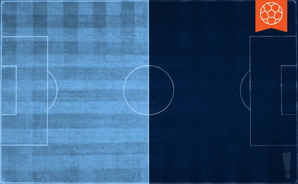 An aerial view of a soccer field split in half, light blue on the left, dark blue on the right, with a soccer ball icon in the top right corner.
