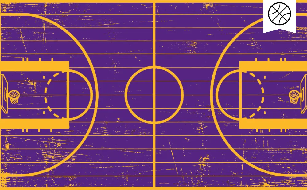 A purple basketball court with yellow lines, featuring a basketball icon in a white flag.