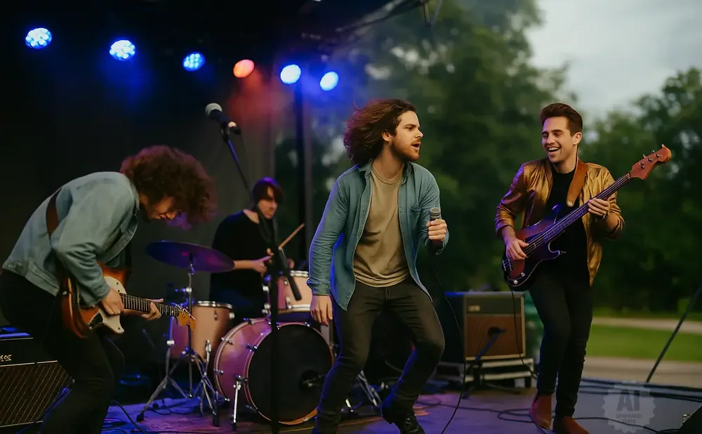 A band performs on an outdoor stage with blue and red lights. A singer holds a microphone, a guitarist plays an electric guitar, and a bassist smiles.