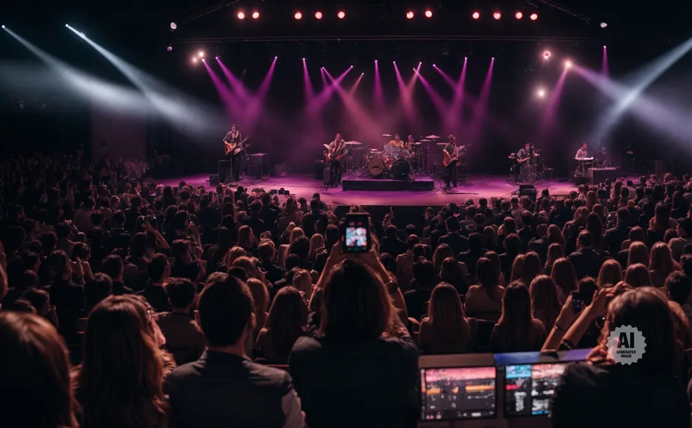 A band performs on stage under purple lights as a large audience watches, with one person in the foreground filming with their phone.