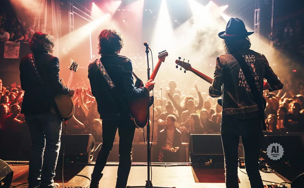 A rock band performs on stage in front of a cheering crowd, with bright stage lights illuminating the scene.