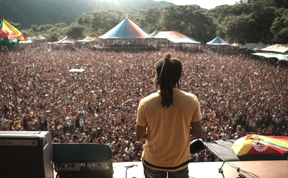 A musician with dreadlocks faces a huge crowd at an outdoor festival.