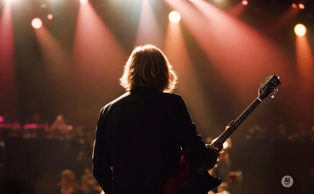 A guitarist with long blonde hair plays an electric guitar on a dimly lit stage with red spotlights.