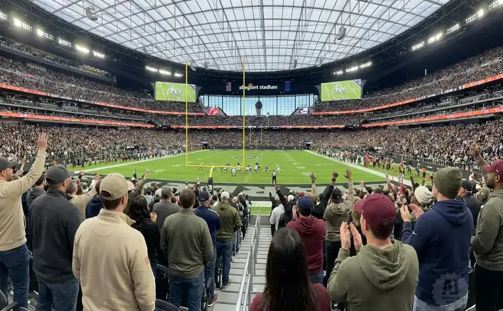 Fans cheer at Allegiant Stadium during a football game, with players on the field and a packed crowd in the stands.