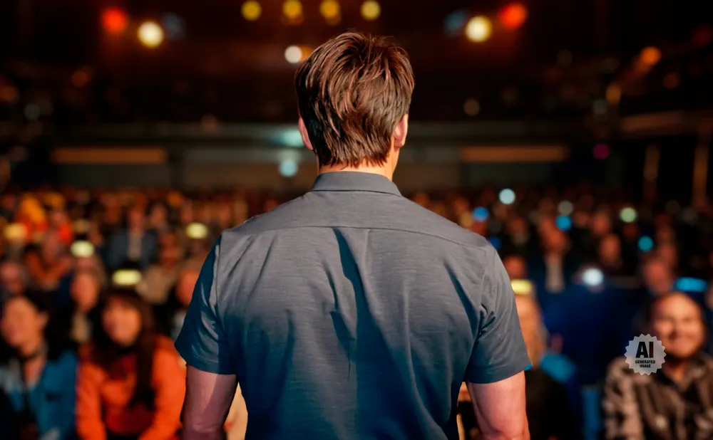 Man in a dark shirt on stage, facing away from the camera, with a blurred audience in the background.
