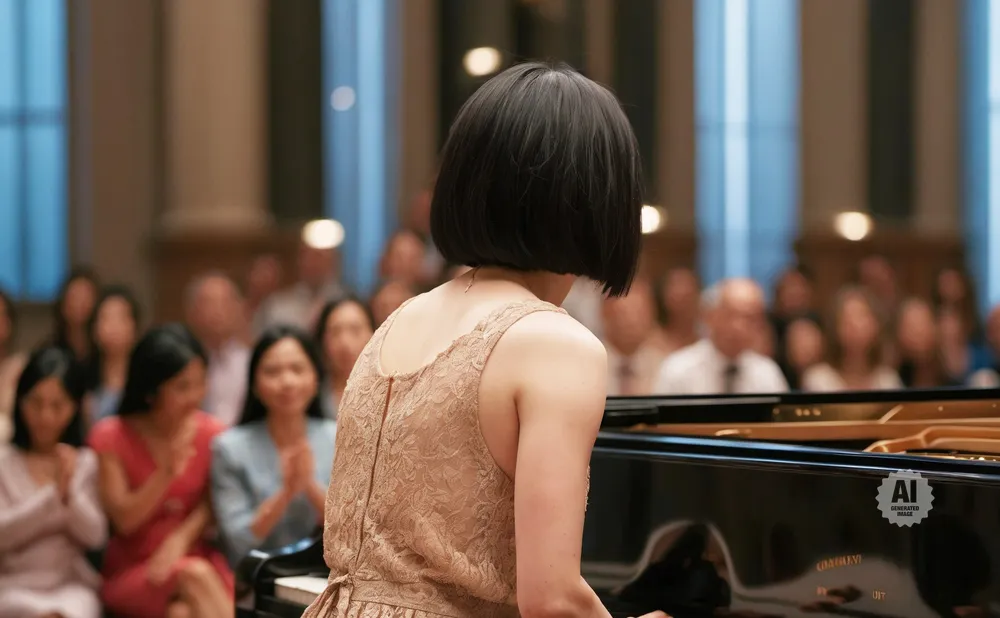 A woman plays a piano to an audience in a concert hall.