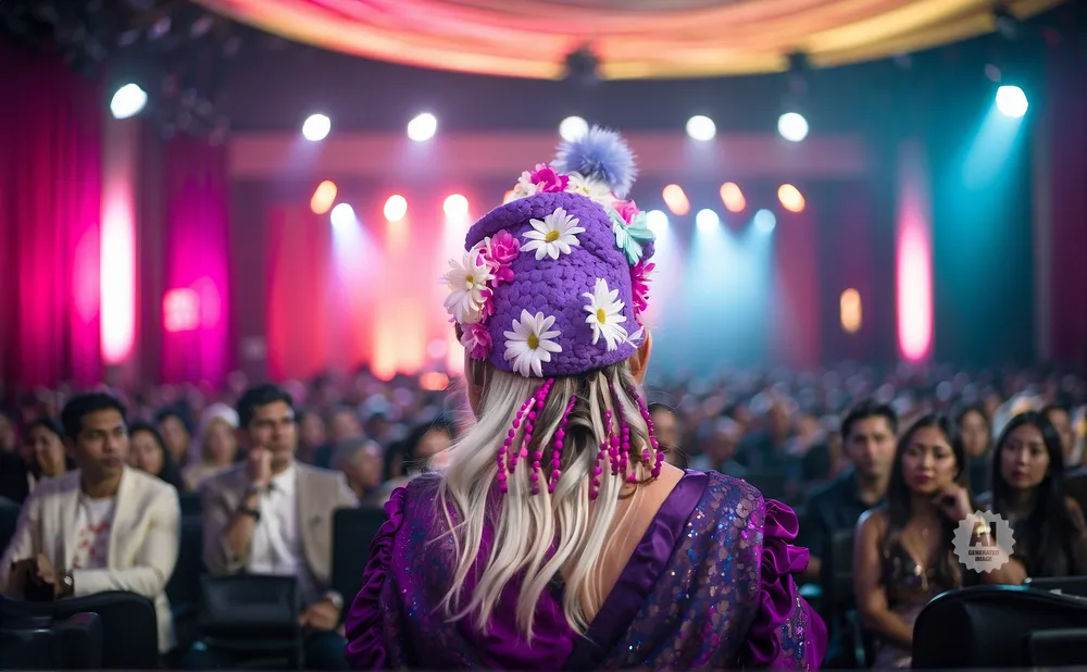A person in a purple, flower-decorated hat and outfit faces away from the camera, seated in a crowded auditorium.