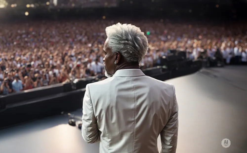 A man with a silver afro and beard stands on stage in a light-colored suit, facing a large, blurred audience.