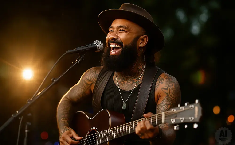 A tattooed man in a hat and vest sings into a microphone while playing an acoustic guitar.
