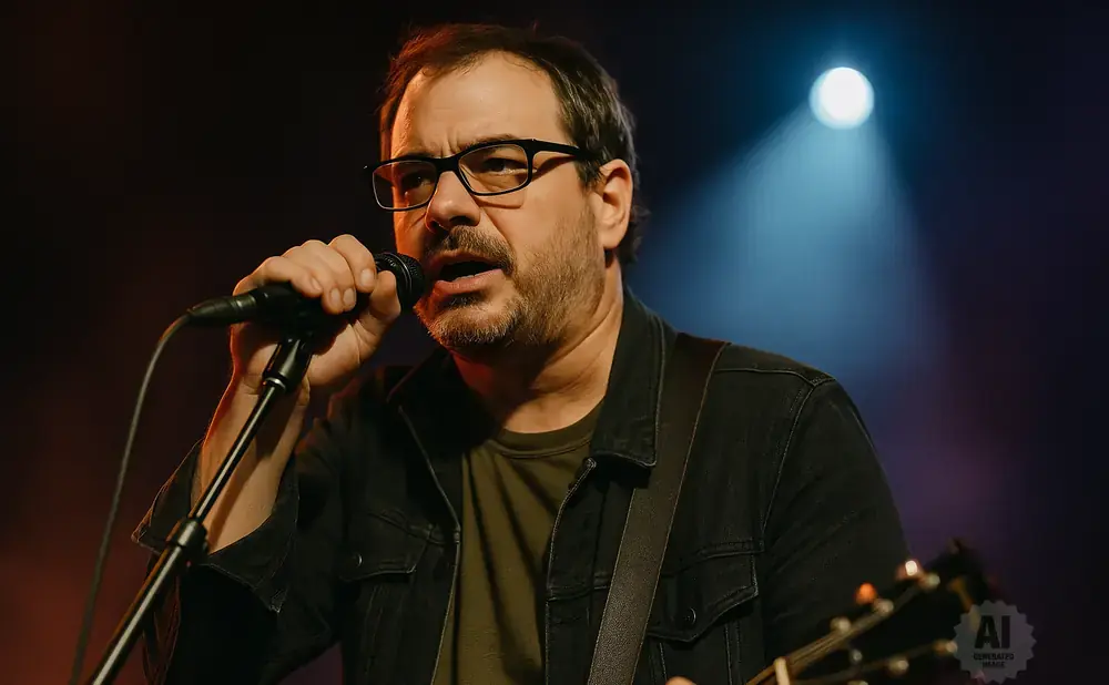 A man with glasses and a beard sings into a microphone while playing a guitar on stage.