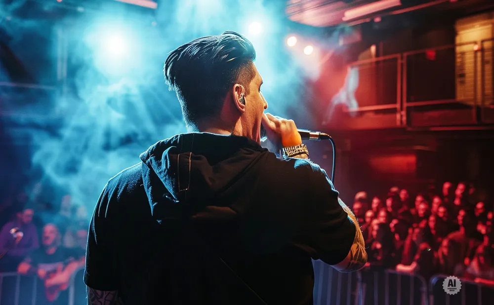 A singer in a black hoodie performs into a microphone on a stage lit with blue and red lights, with a crowd visible in the background.