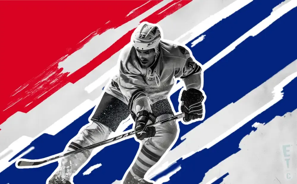 Black and white hockey player in action with a red, white, and blue abstract background.