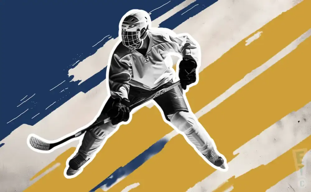 A hockey player in a white uniform with a helmet and stick in motion, against a background of blue and yellow stripes.