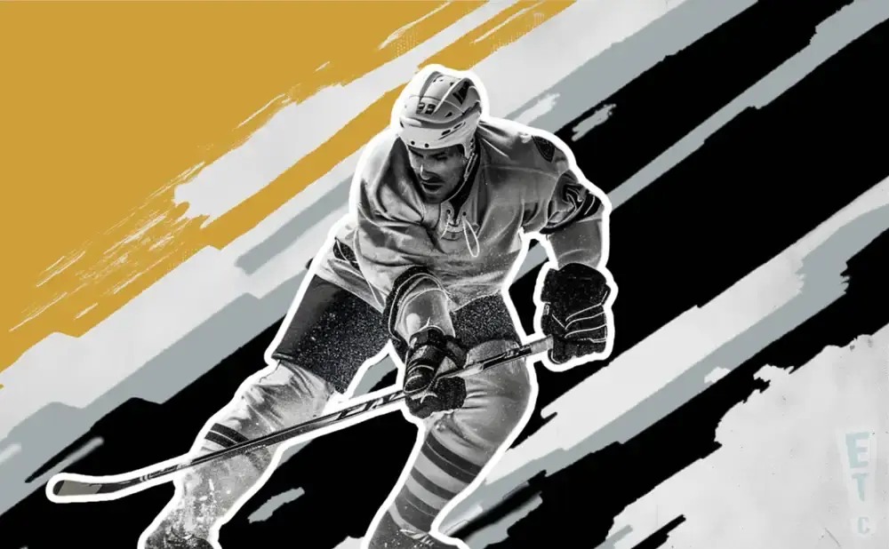 An ice hockey player skates with a stick, set against a dynamic background of yellow, black, and gray brushstrokes.