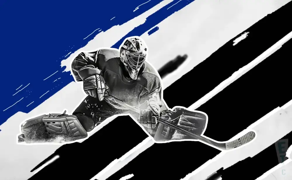 A hockey goalie in a split save stance, with a blue, black, and white abstract background.