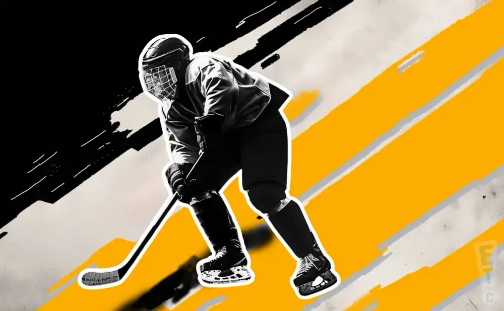 A hockey player in full gear, crouched low with their stick, against a dynamic background of black and yellow stripes.