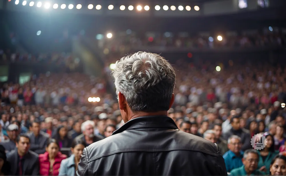 Man with grey, curly hair in a black leather jacket addresses a large, blurred audience under stage lights.