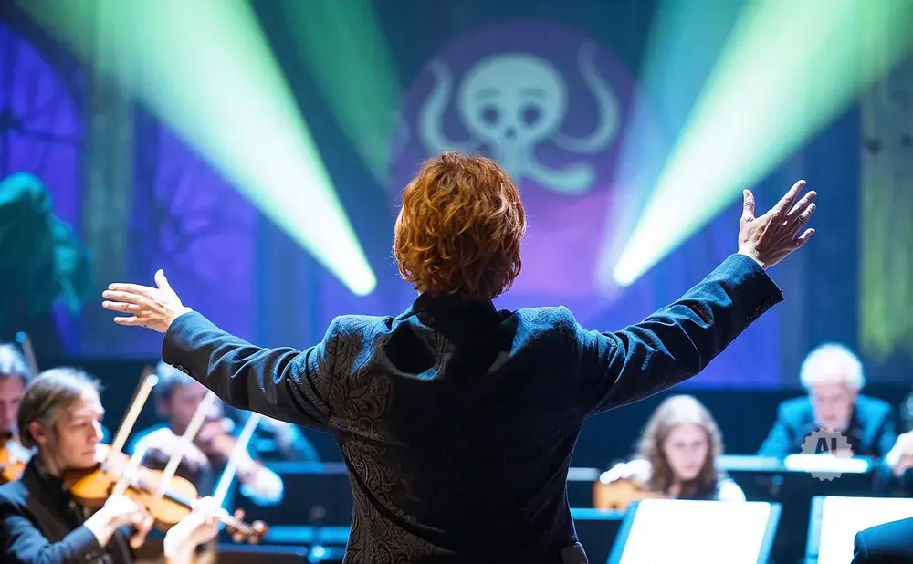 Conductor with outstretched arms leads an orchestra on a stage with a skull logo projected in the background.
