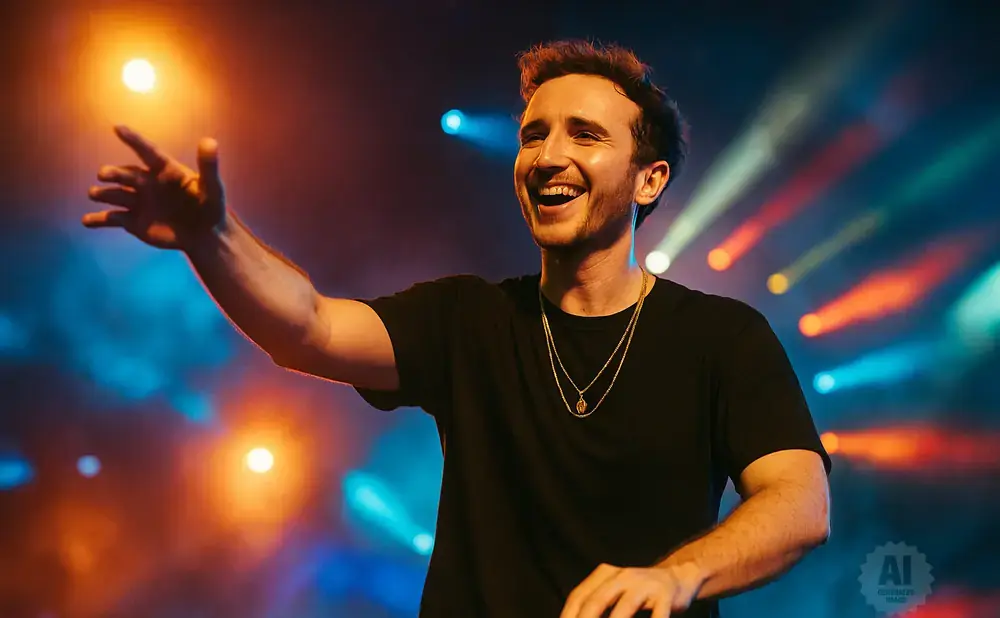 A man in a black t-shirt smiles and reaches out on a stage with colorful lights.