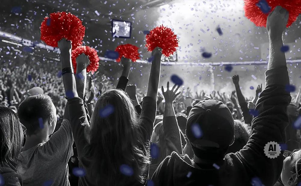 Crowd cheering with red pom-poms and blue confetti, stylized black and white with red and blue accents.