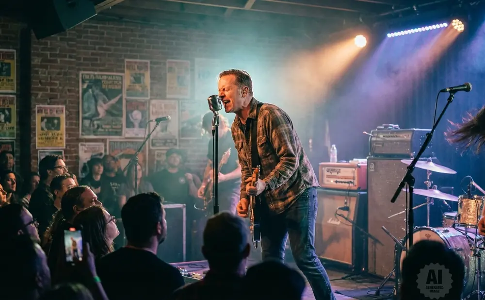 A male singer in a plaid shirt performs on stage with a band, lit by stage lights, as an audience watches.