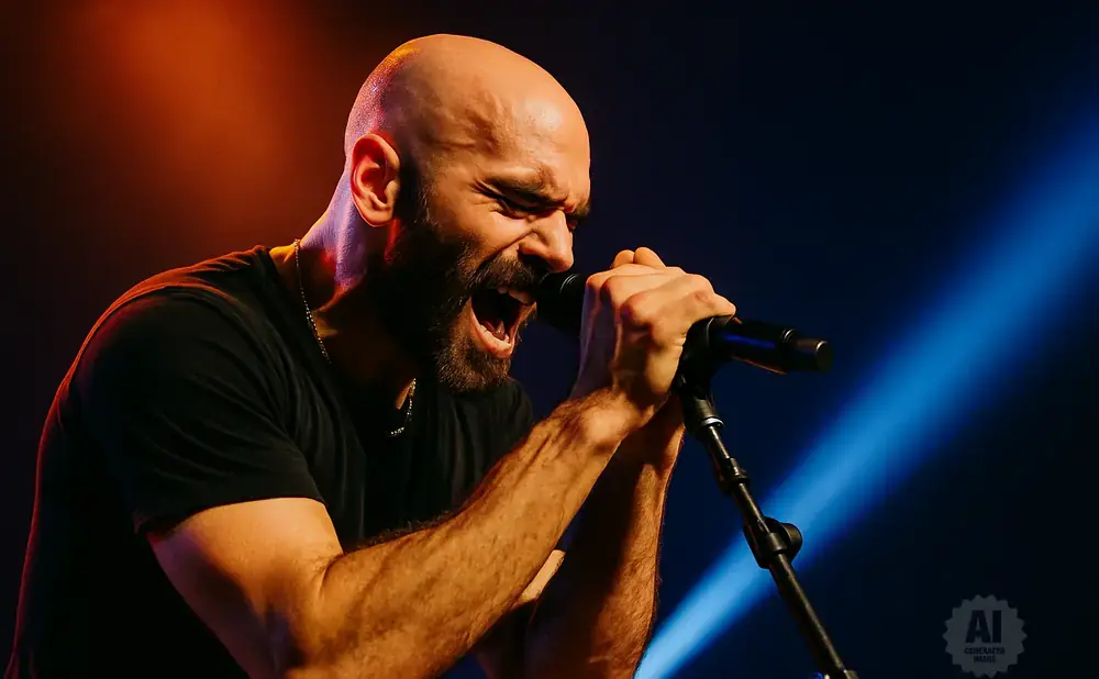 A bald man with a beard sings into a microphone on a stage with dramatic lighting.
