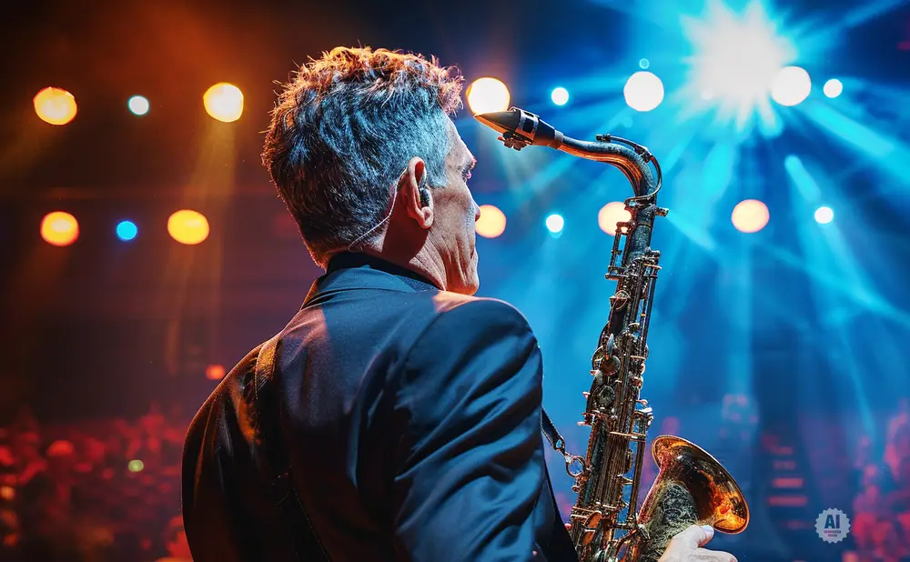 Saxophonist performing on stage with blue and orange lights, audience blurred in the background.