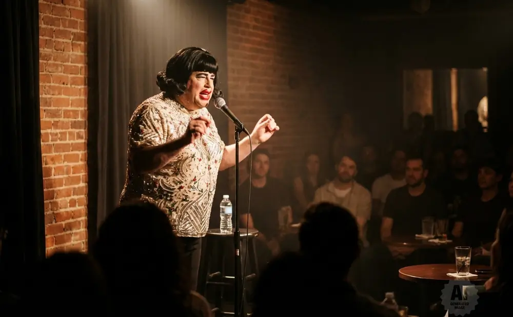 Drag performer in a sequined outfit performs on stage in a dimly lit club to an audience.