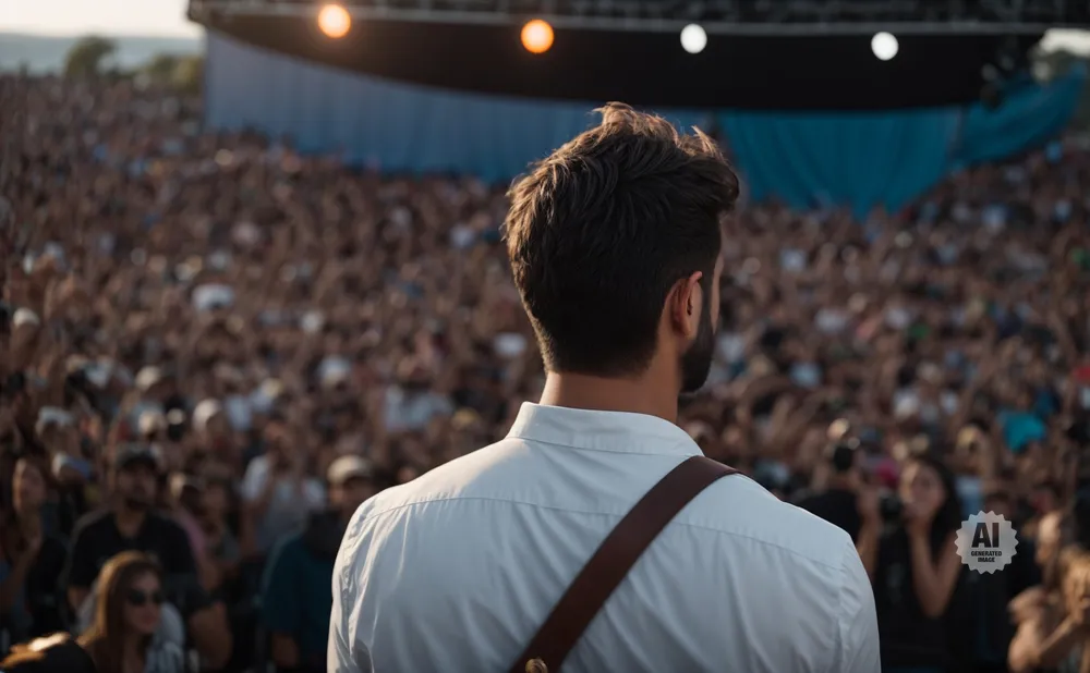 Man in white shirt stands with back to camera facing a large concert crowd.