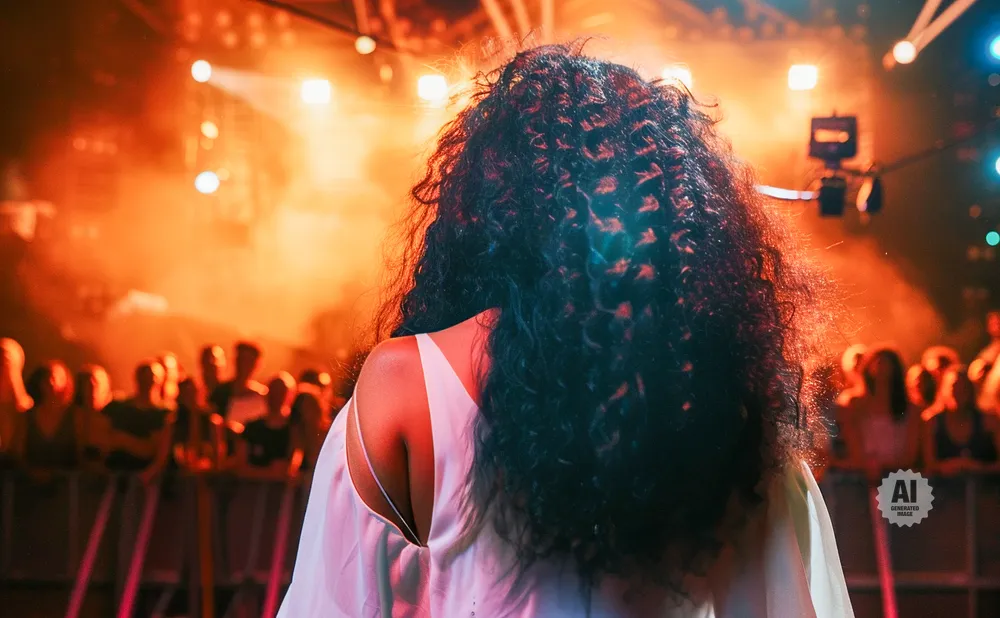 Woman with curly hair facing away at a concert, illuminated by stage lights.