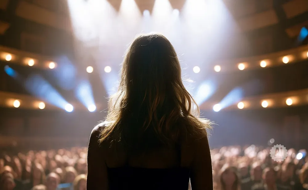 A woman on stage faces a blurred audience with spotlights illuminating the scene.