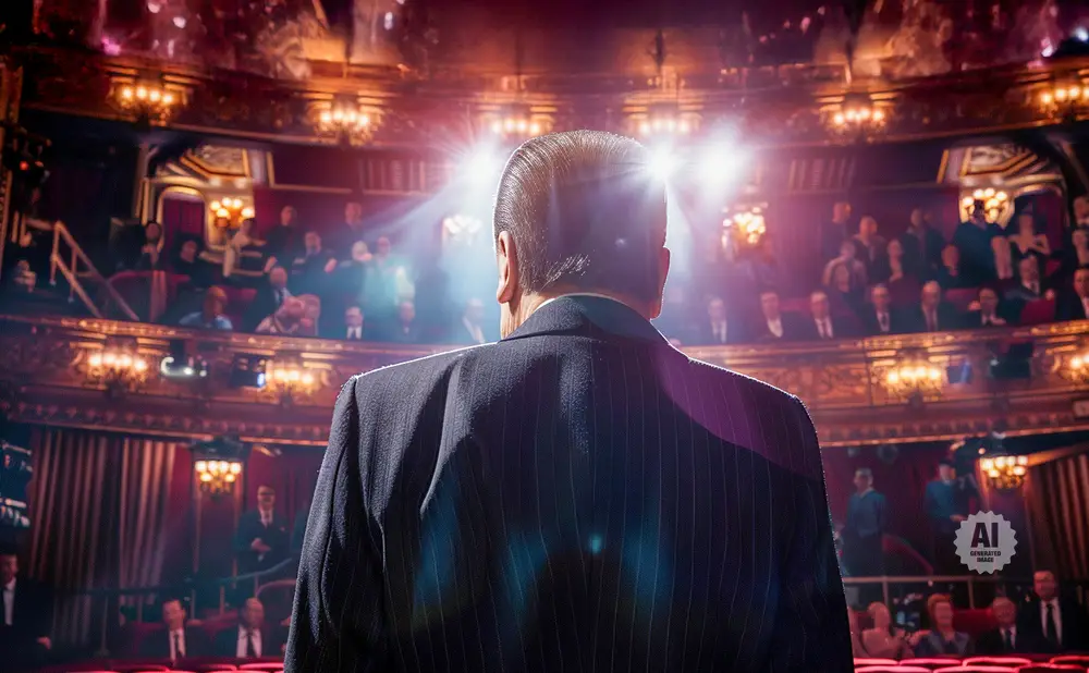 Man in a suit on stage facing an audience in a grand theater.