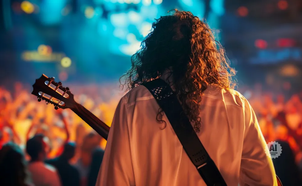 Guitarist with long curly hair plays on a brightly lit stage in front of a cheering crowd.