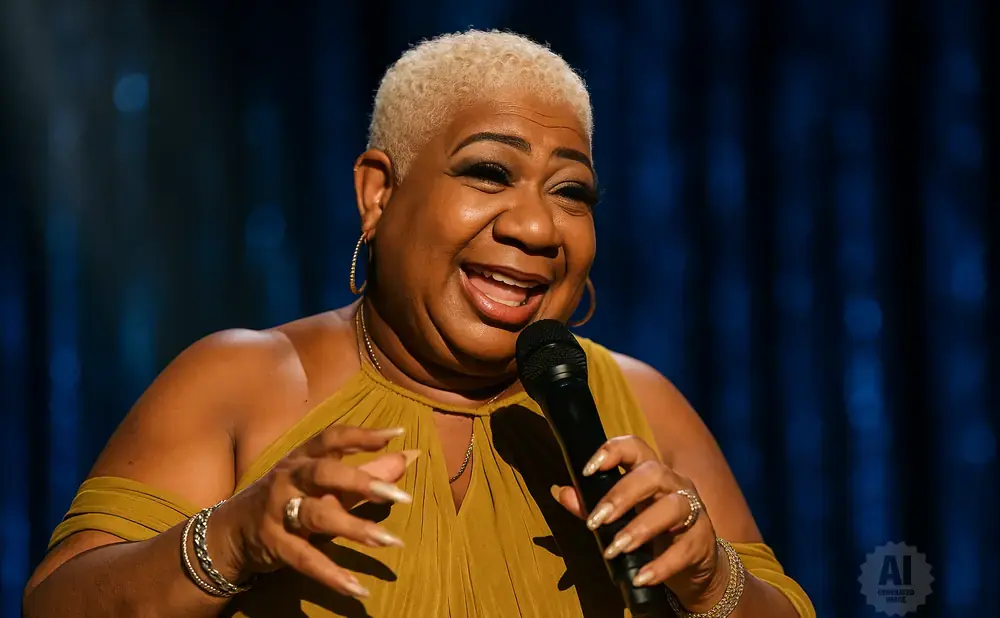 A Black woman with short, blonde hair laughs into a microphone on stage.