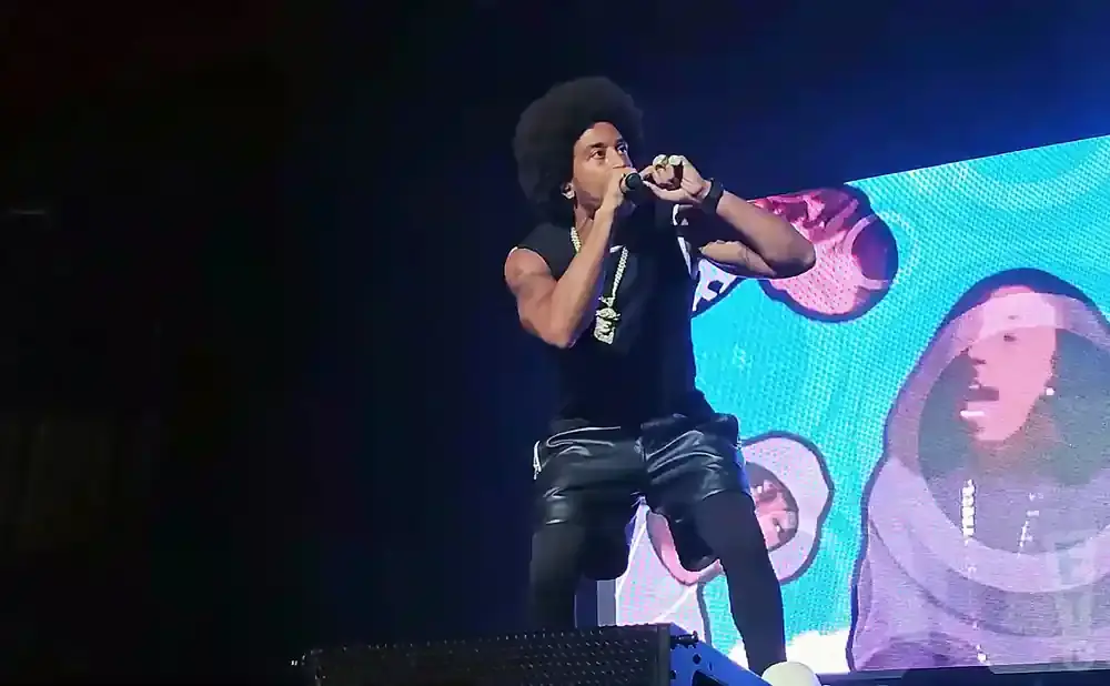 Rapper Ludacris performs on stage in a black t-shirt, leather shorts, and black leggings.
