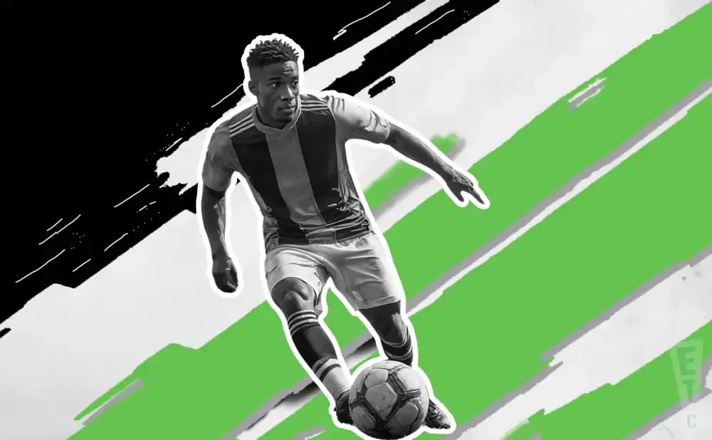 Soccer player dribbling a ball, with a black and green abstract background.