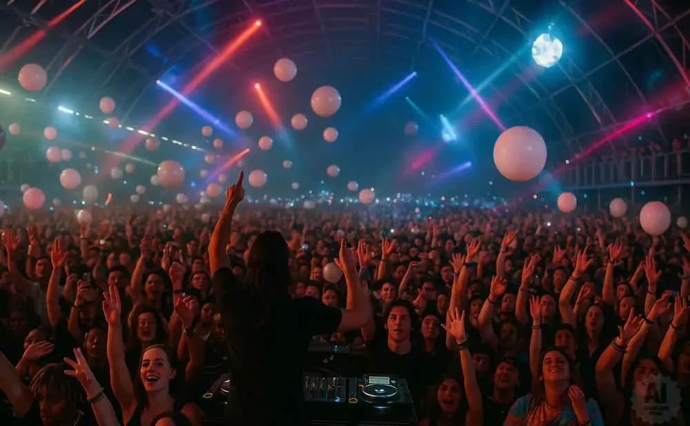 DJ with arms raised in front of a cheering crowd at a concert with balloons and colorful lights.