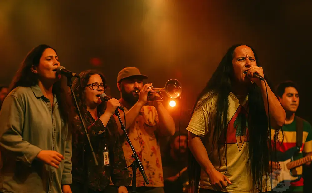 A band performs on stage, with singers at microphones and a trumpet player.