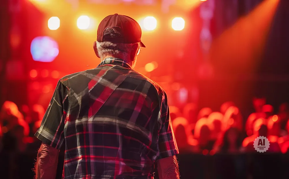 Man in a red and black plaid shirt and baseball cap watches a brightly lit stage with a blurred audience.
